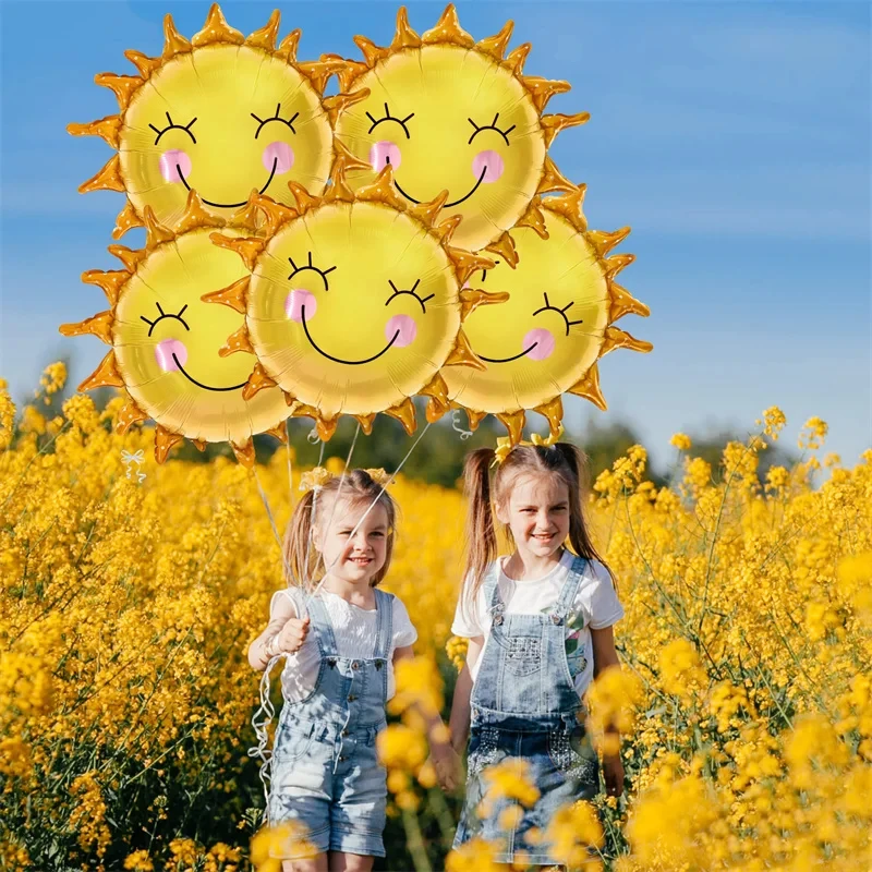 5pcs Golden Smiling Sunflower Aluminum Film Balloon Set Birthday Wedding Summer Theme Baby Welcoming Party Decoration