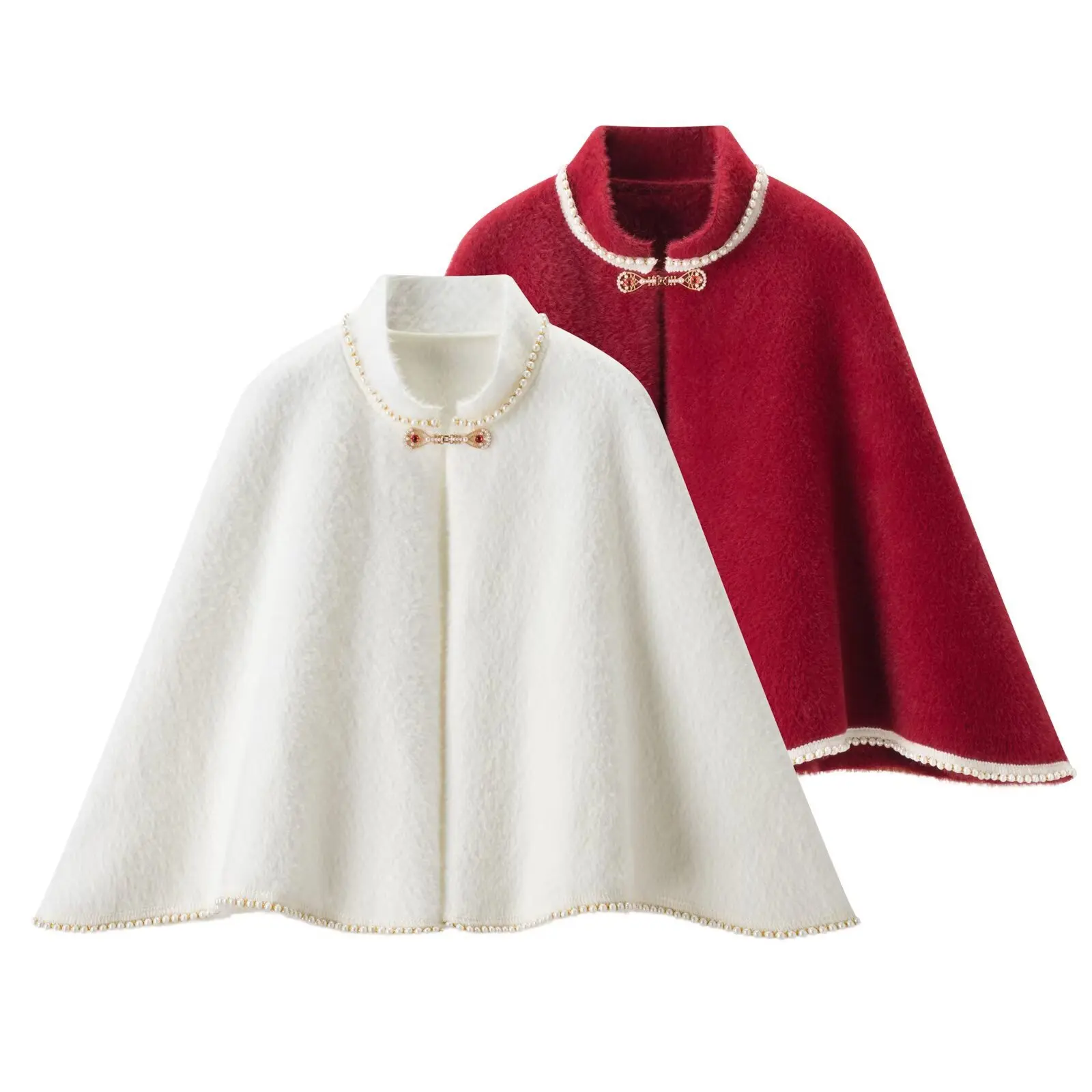 

Women's Y2K Loose Cape Jacket Autumn Winter Beaded Frog Button Faux Mink Fleece Shawl Coat Sleeveless Stand Collar Splice Top