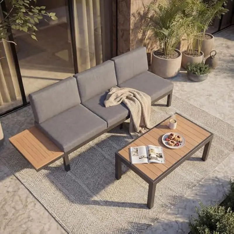 Three piece outdoor sectional set featuring convertible chaise lounge design with integrated side table and matching low coffee