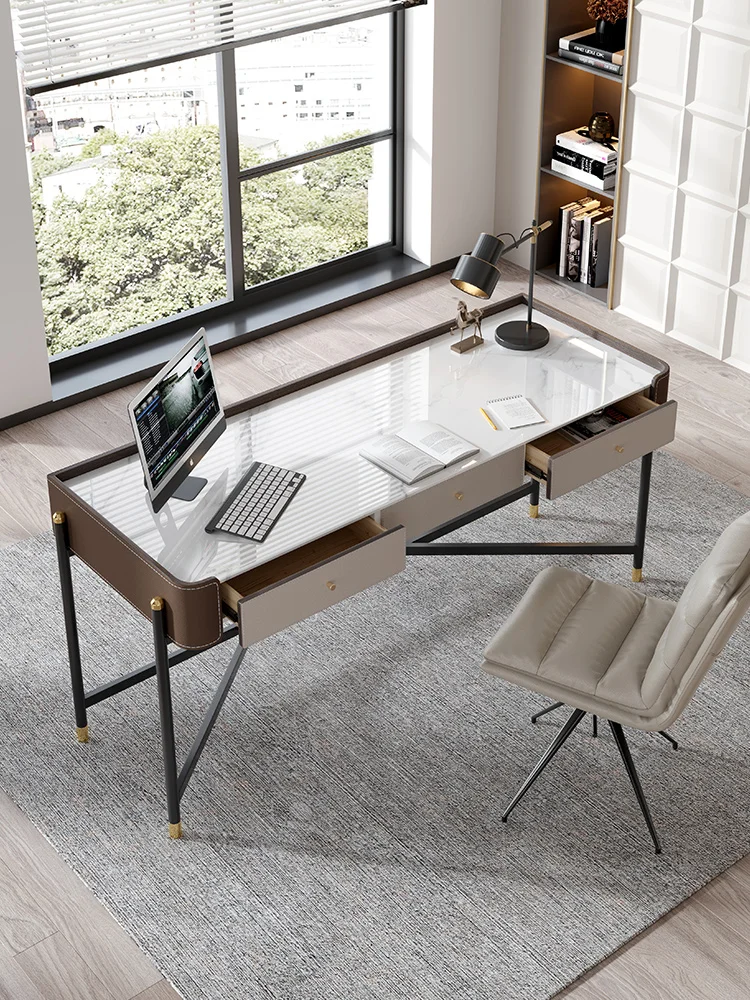 Minimalist rock slab saddle leather desk study light luxury modern simple writing desk office table