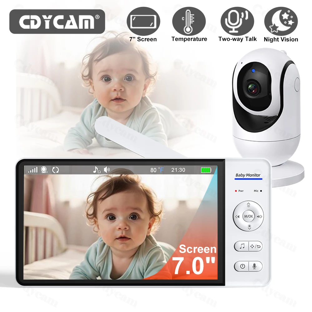7 Inch Video Baby Monitor Night Vision No WiFi 4X Zoom Temperature Monitoring Two Way Audio Talk Baby Nanny Security PTZ Camera