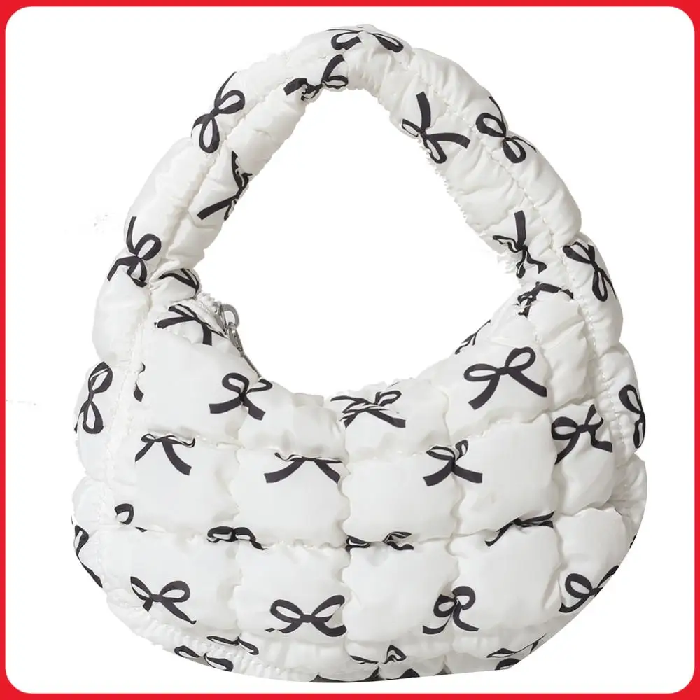 Mini Cloud Pleated Bag for Women Bowknot Print Bubble Handbag Zipper Crescent Bag Hobo Bag Wrist Satchel