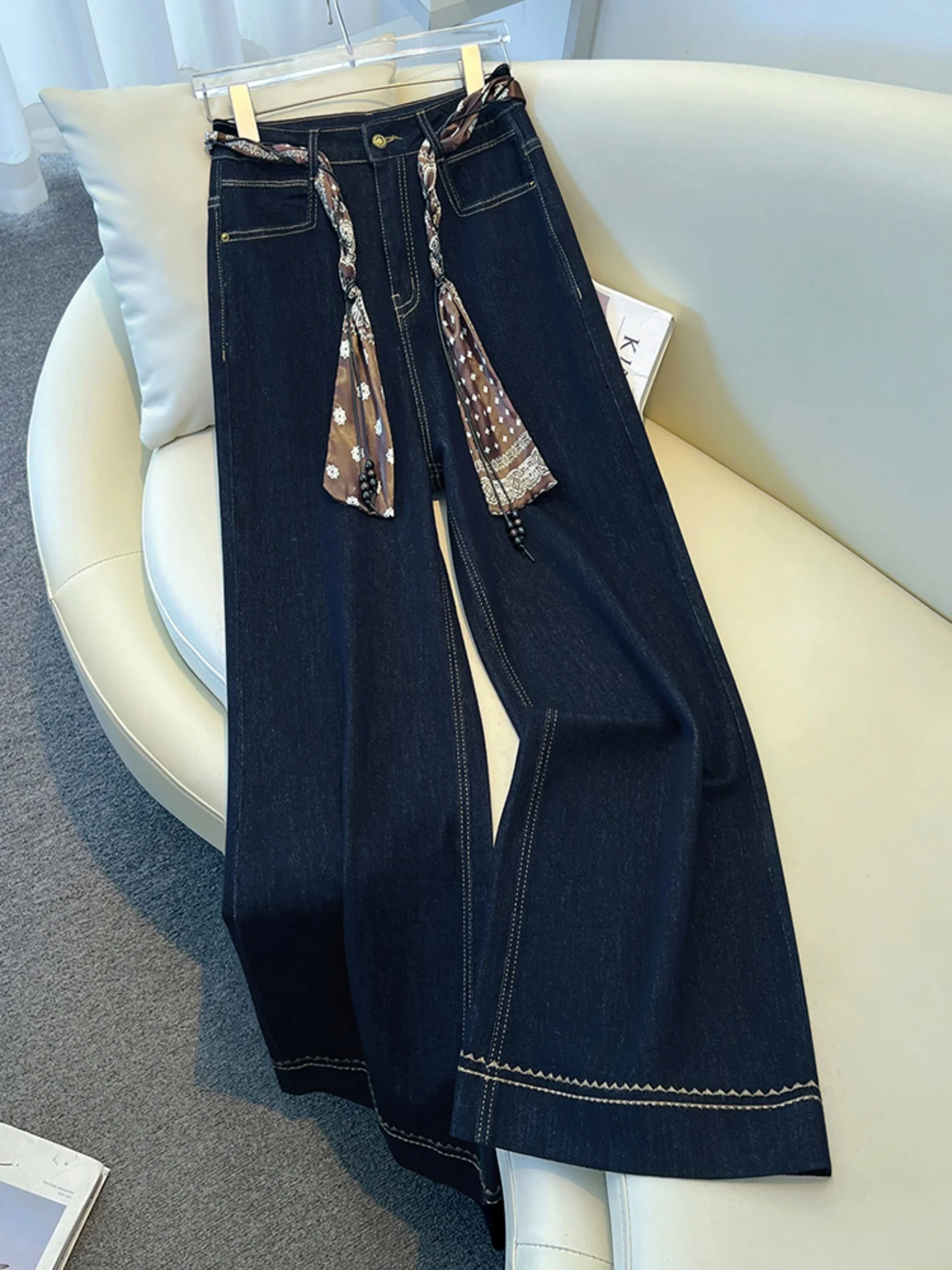 

Женские джинсы, осенне-зимние новые повседневные прямые джинсовые брюки с высокой талией, женские широкие брюки на шнуровке в стиле ретро