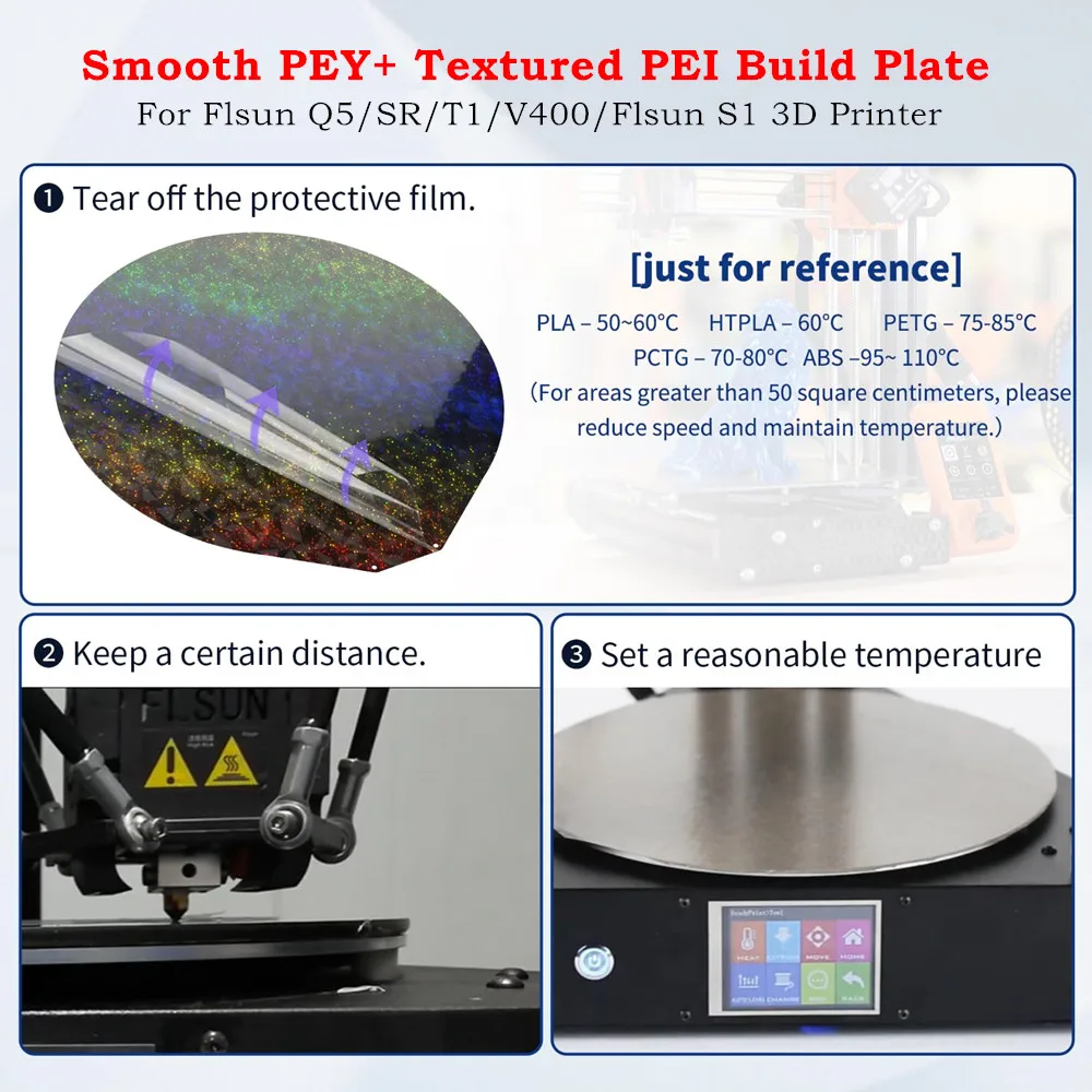 Flsun PEI Build Plate for Flsun Q5/SR/T1/V400/S1 Pro 3D Printer Smooth PEY+Textured PEI Spring Steel Flexible Printing Plate