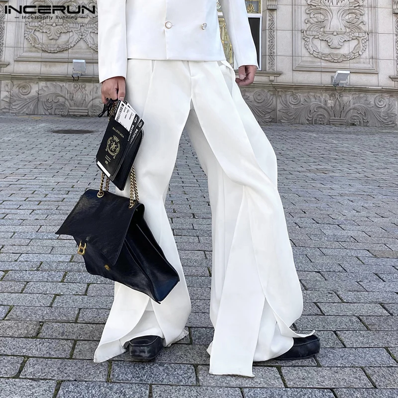 INCERUN Men Irregular Outline Design Pants Casual Wide Leg Solid Color Trousers Harajuku Zipper Handsome Loose Elegant Bottoms