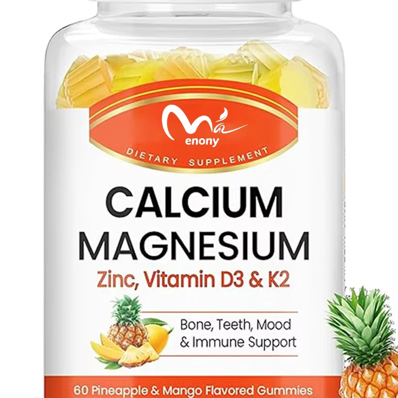 Suplemento de calcio, magnesio, Zinc con vitamina D3 y K2, para músculos y articulaciones de los huesos, sabor a piña y Mango