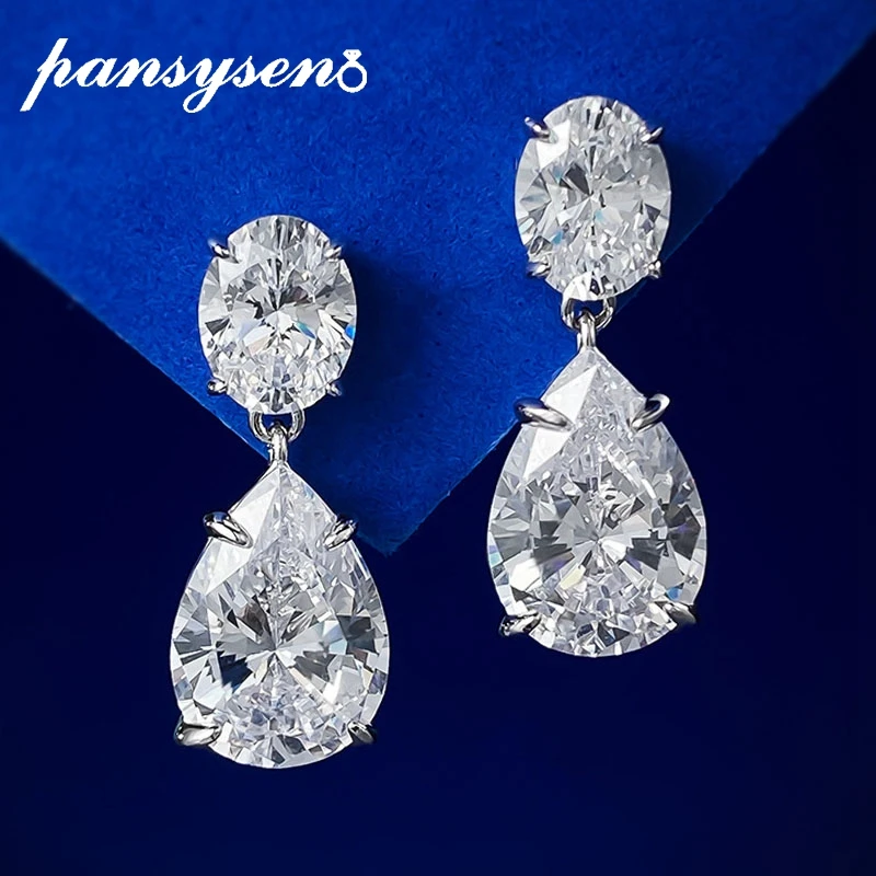 PANSYSEN Sparkling 100% 925 Sterling Silver 3EX Pear Cut 10*14MM High Carbon Diamond Gemstone Dangle Drop Earrings Fine Jewelry