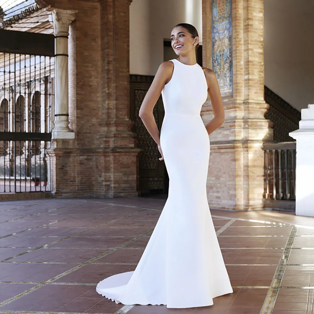 

Customized White Mermaid Wedding Dress Sleeveless O Neck Open Back Simple Bridal Gown Civil Brides Wedding Dress 2026