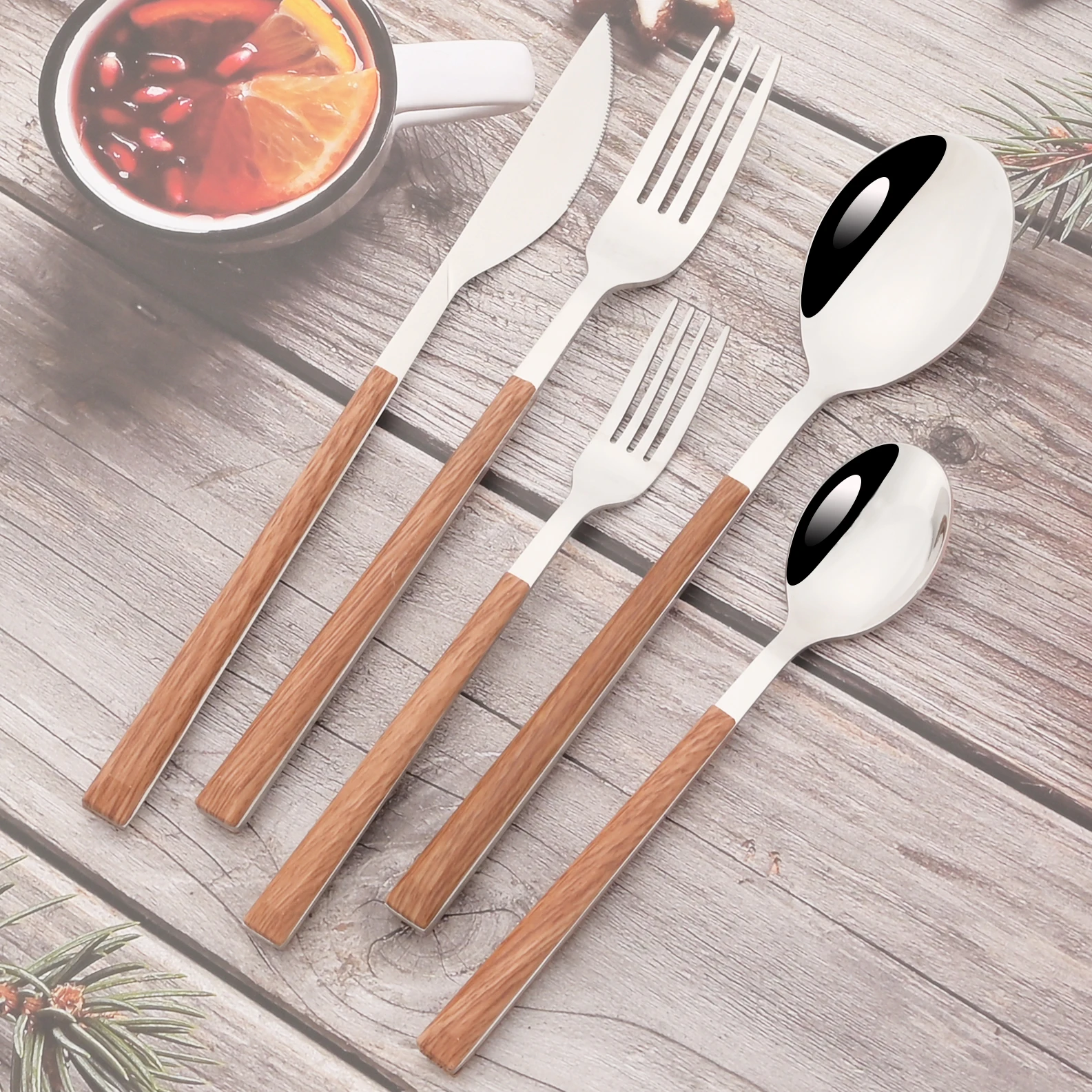 24/30Pcs Brown Wood Handle Dinnerware Set Steak Knife Forks Dessert Spoon Cutlery Set Stainless Steel Tableware Kitchen Flatware