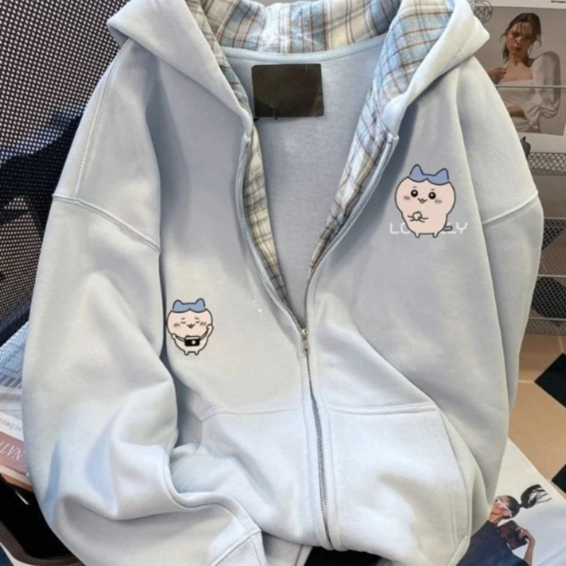 Anime Cartoon Kawaii Chiikawa Plus Velvet Be All-match Hoodie Zipper Woman Winter New Style Overcoat Fashion Comfortable Soft