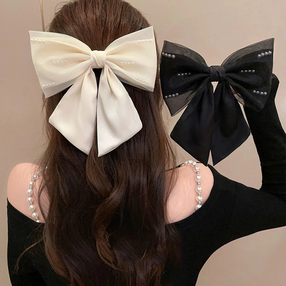 Women Bow Hair Clip Pearl Black Hairpin Girls Korean Temperament Ponytail Hair Clips Barrettes Fashion Hair Accessories Headwear