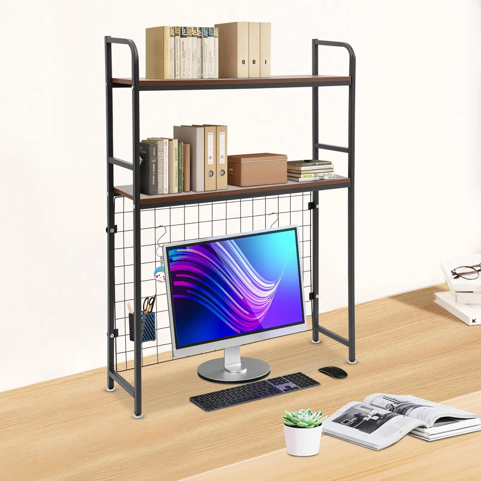 Estante de mesa, 29.53 "prateleira organizadora de mesa preta gaiola para mesa de computador prateleira de mesa de 2 camadas multifuncional freestand