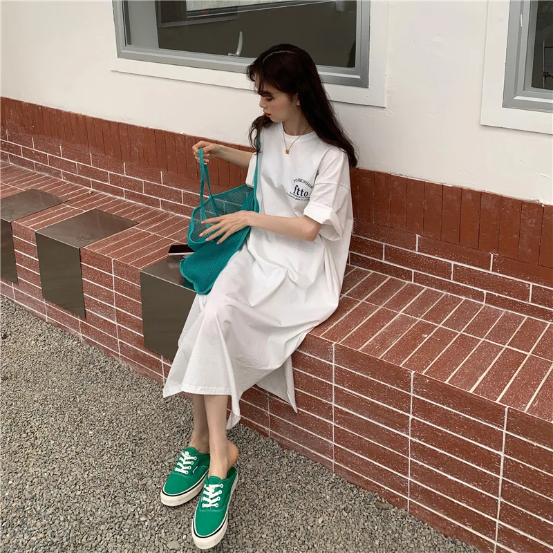 Fashionable Loose Women's Dress Korean Round Neck Simple Slit Over-knee Letters T-shirt Skirt Lazy Style Summer Long Dress 2025