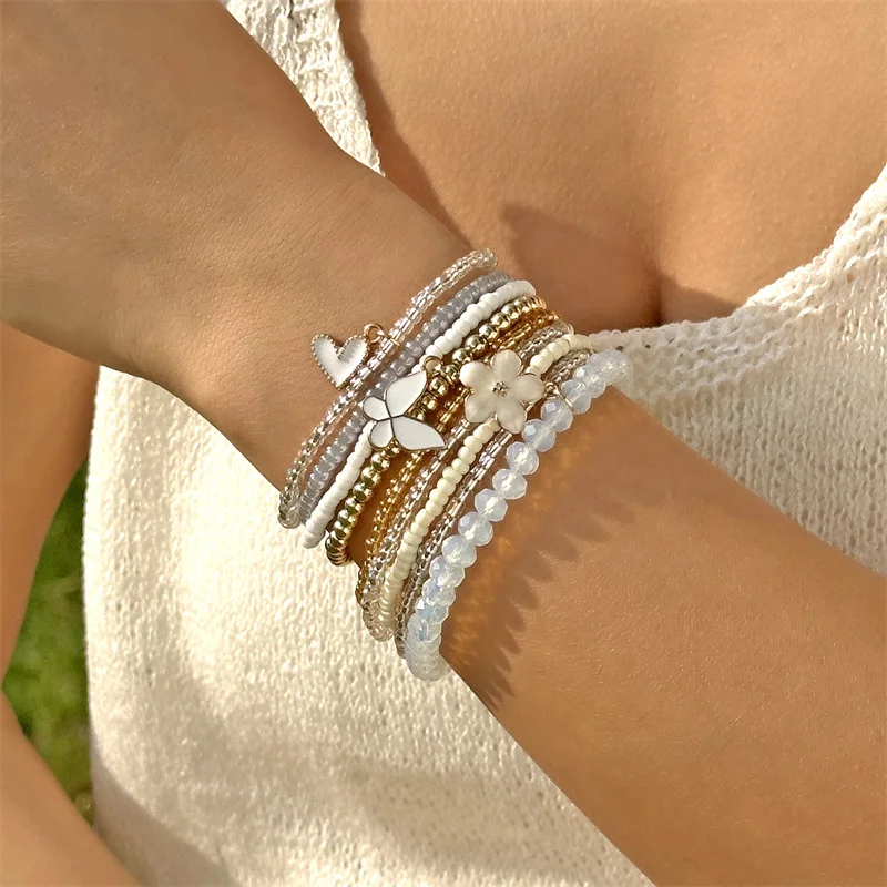 9-teiliges Set Böhmische Schmetterlings-Blumen-Anhänger-Armbänder für Frauen, Handgefertigte Reisperlen-Armbänder, Gestapelte Armbänder, Sommer-Strandparty-Schmuck – Detail 6