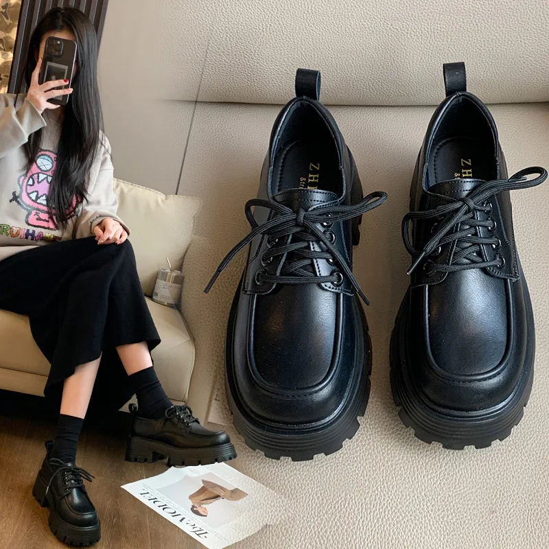 

Женские лоферы больших размеров на толстой подошве и высоком каблуке, в студенческом стиле, модные, удобные, универсальные туфли