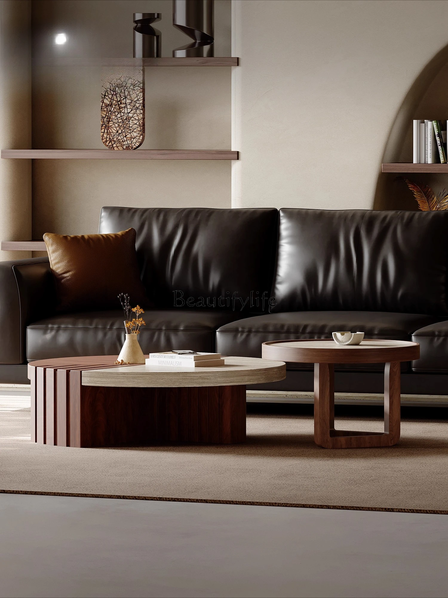 

yj7 Wabi-sabi wind round walnut coffee table living room home retro art cave stone coffee table