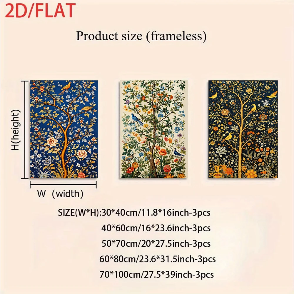 1 set of frameless decorative paintings in a pastoral style, featuring colorful plant and animal patterns in 2D.