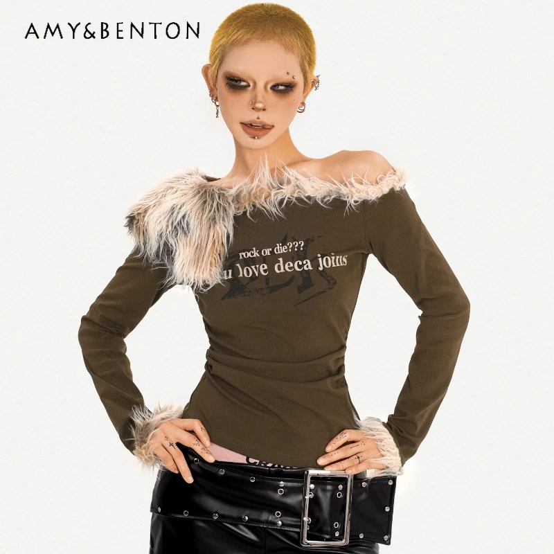 

Оригинальный дизайн, женский топ с меховым воротником и длинными рукавами, осенняя новая асимметричная винтажная сексуальная футболка с открытыми плечами