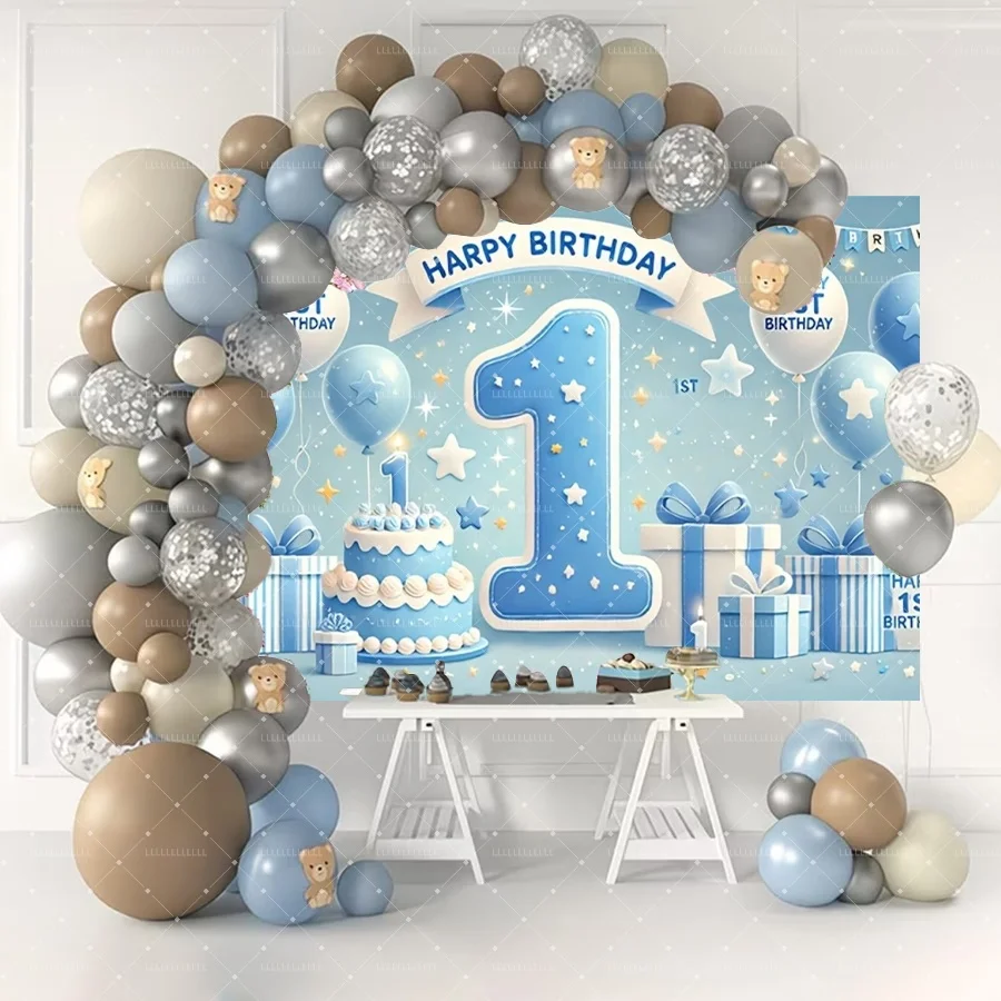 Kid 1st Birthday Party Decoration Supplies Bear Balloon Blue Photography Background Girls Boys Photo Backdrop Baby Shower Banner - view 5