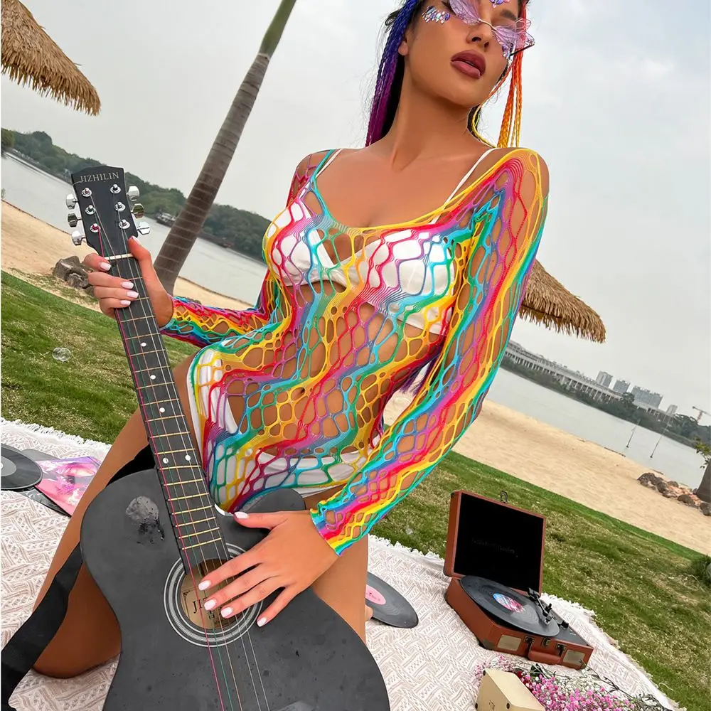 See-through Summer Outfits Beach Wear Hollow Out Bodysuit Fishnet Tank Tops Rainbow Swimsuit Women Mesh Dress Bikini Cover Ups