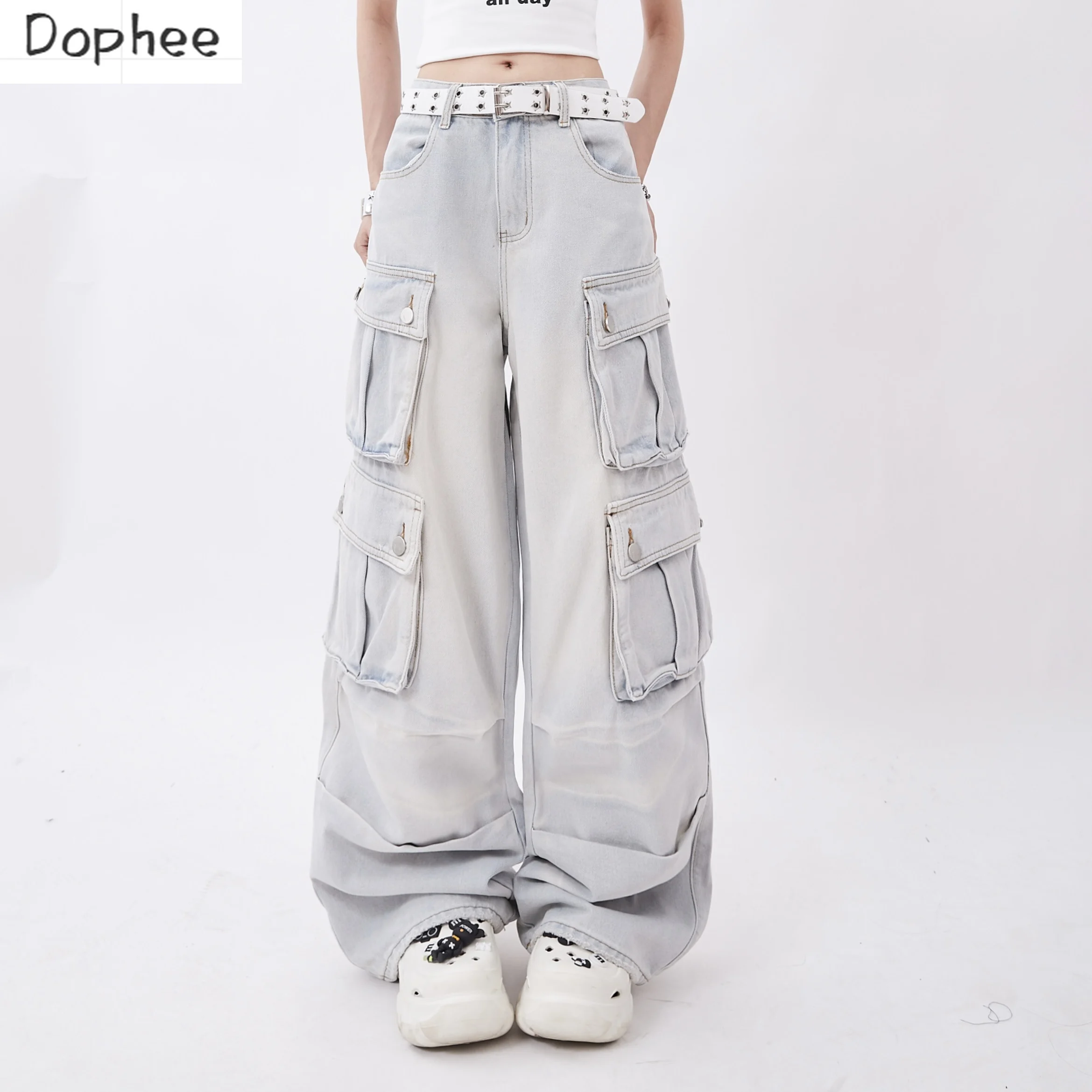 

Dophee New Autumn Women Denim Trousers Vintage American Style Washed Straight Jeans Multi Pockets Dopamine Casual Overalls