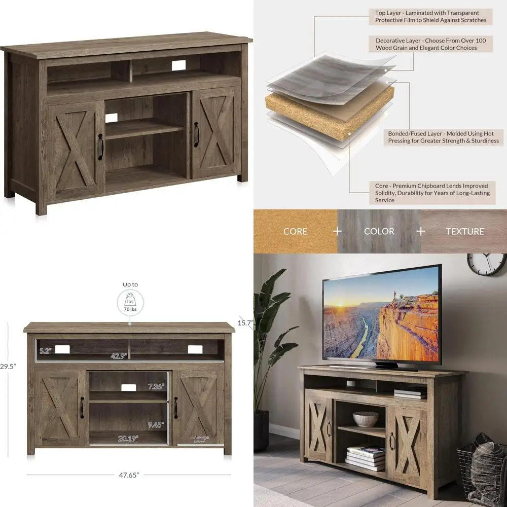 

48 Inch Contemporary Barn Door TV Stand and Entertainment Center for TVs up to 50 Inches with Two Open Shelves