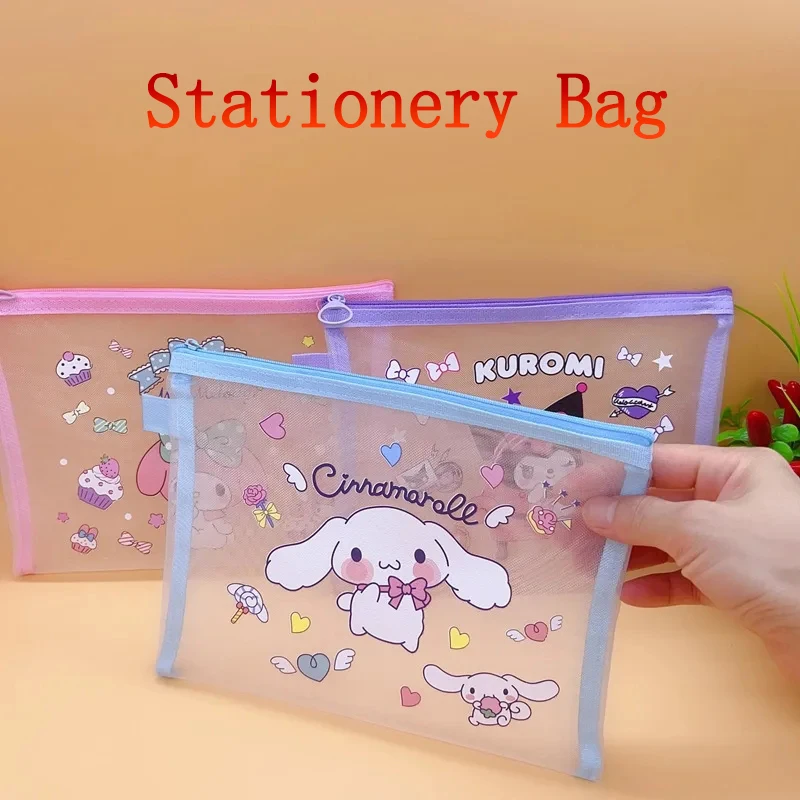 Kawaii Sanrio Stationery Pencil Case A5 Mesh Zipper Pouch Melody Kuromi Cinnamoroll Purin Document Bag Organizer School Supplies