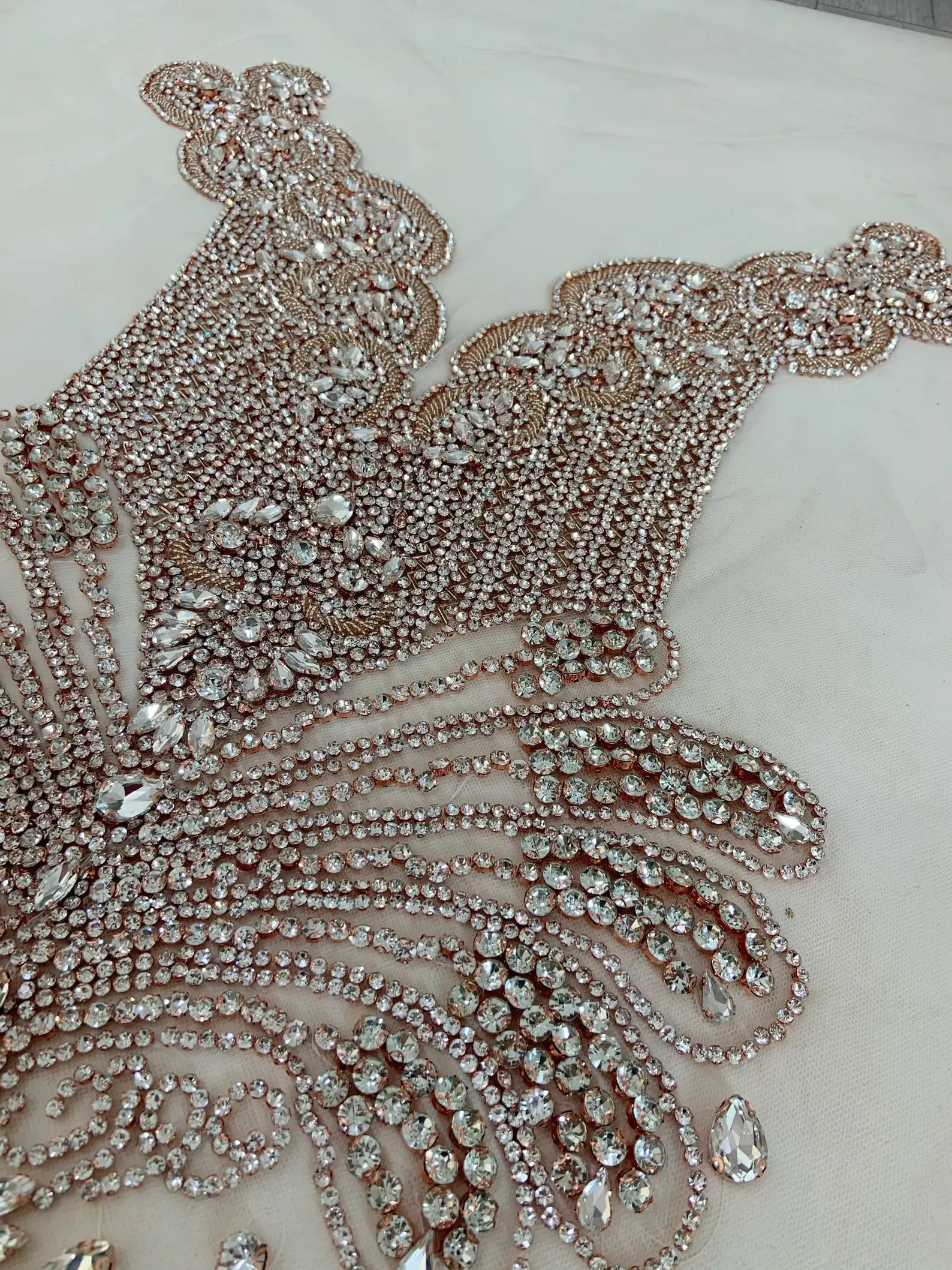 1 Piece Large Rose Gold Heavy Bead Handmade Rhinestone Appliqués for Couture Dress Costume