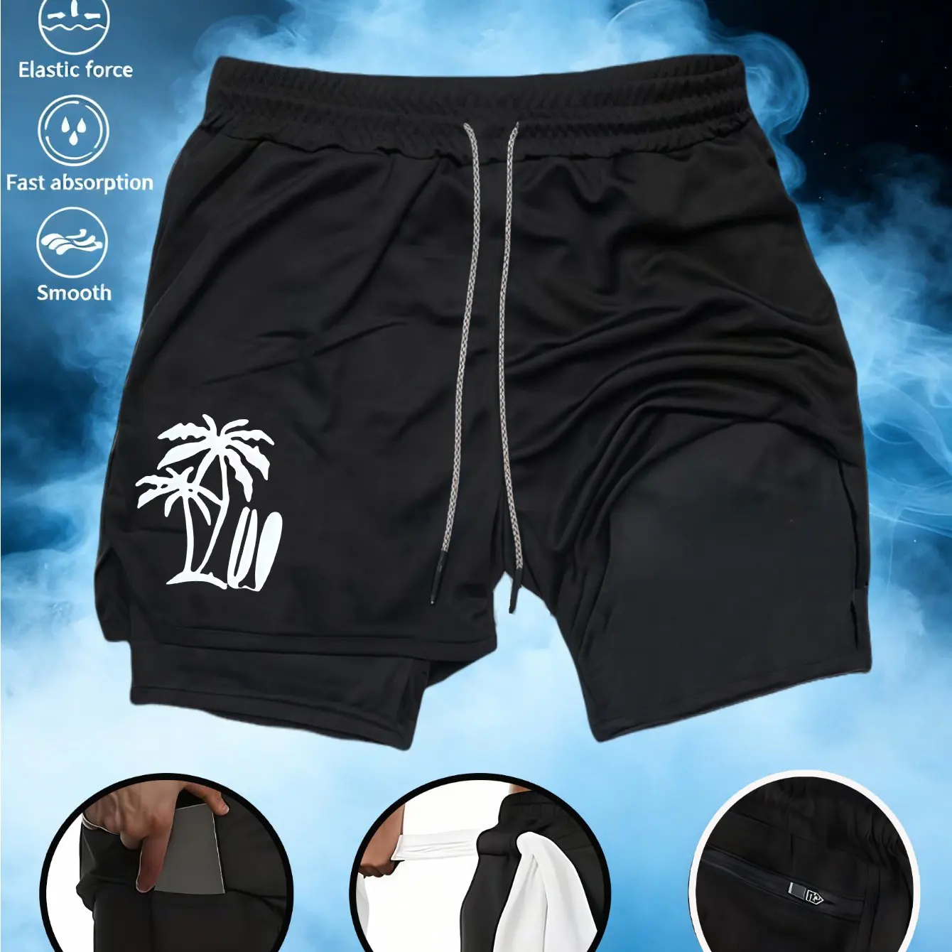 

Мужские двухслойные противоскользящие пляжные шорты с принтом кокосовых пальм и досок для серфинга, с внутренним карманом для телефона и задними карманами на молнии.
