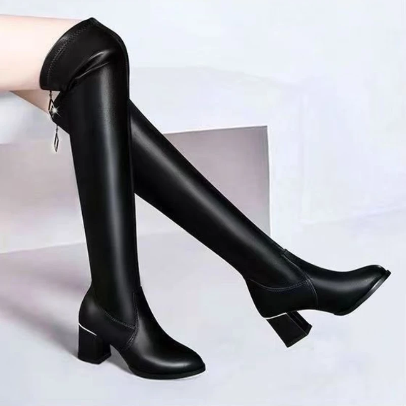 

Korean Style Women's 2025 Autumn Winter Soft Leather Over The Knee Slimming Heeled Boots Stretchy Warm Versatile Everyday Wear