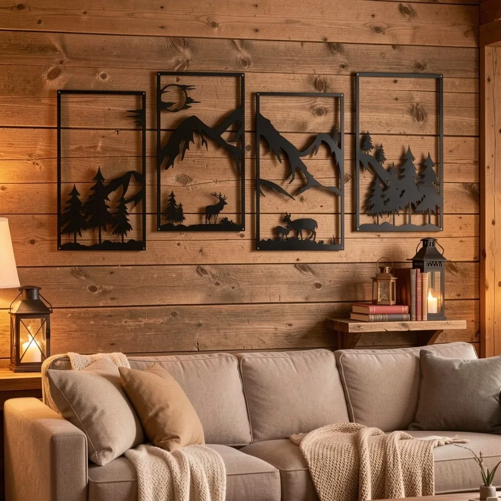 CIFBUY 4PCS Metal Wall Art Abstract Mountain Deer Tree Silhouette Rustic Modern Decor Living Room Bedroom Office Garden Decor