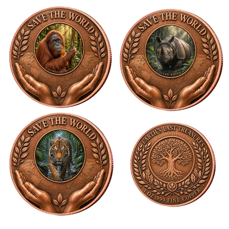 1oz .999 Fine Copper Round Save The World Orangutan Rhino Tiger Colorized Earth Treasure Nature Art Collectible Gift
