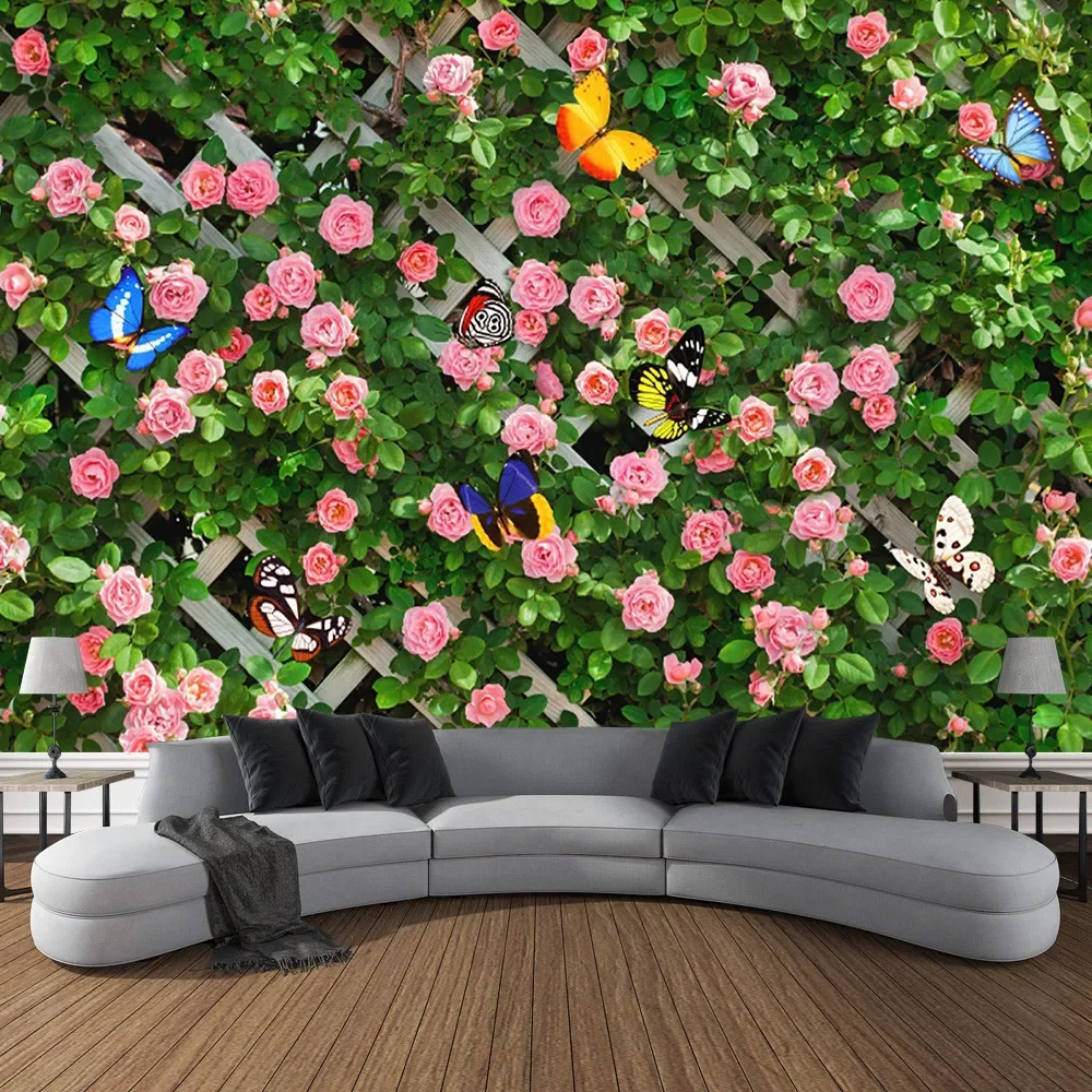 Landscape Flower Plant Tapestry Wall Hanging Hippie Green Floral Tapestry Aesthetic for Bedroom Room Living Room Home Decoration