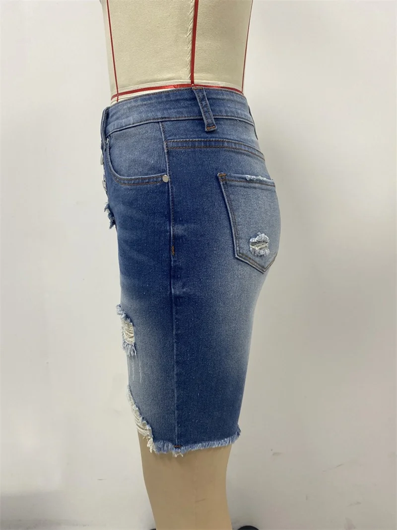 2024 Slim-Fit Breasted Denim Jeans Shorts Women's Street Ripped Raw Hem Tight Quarter Pants