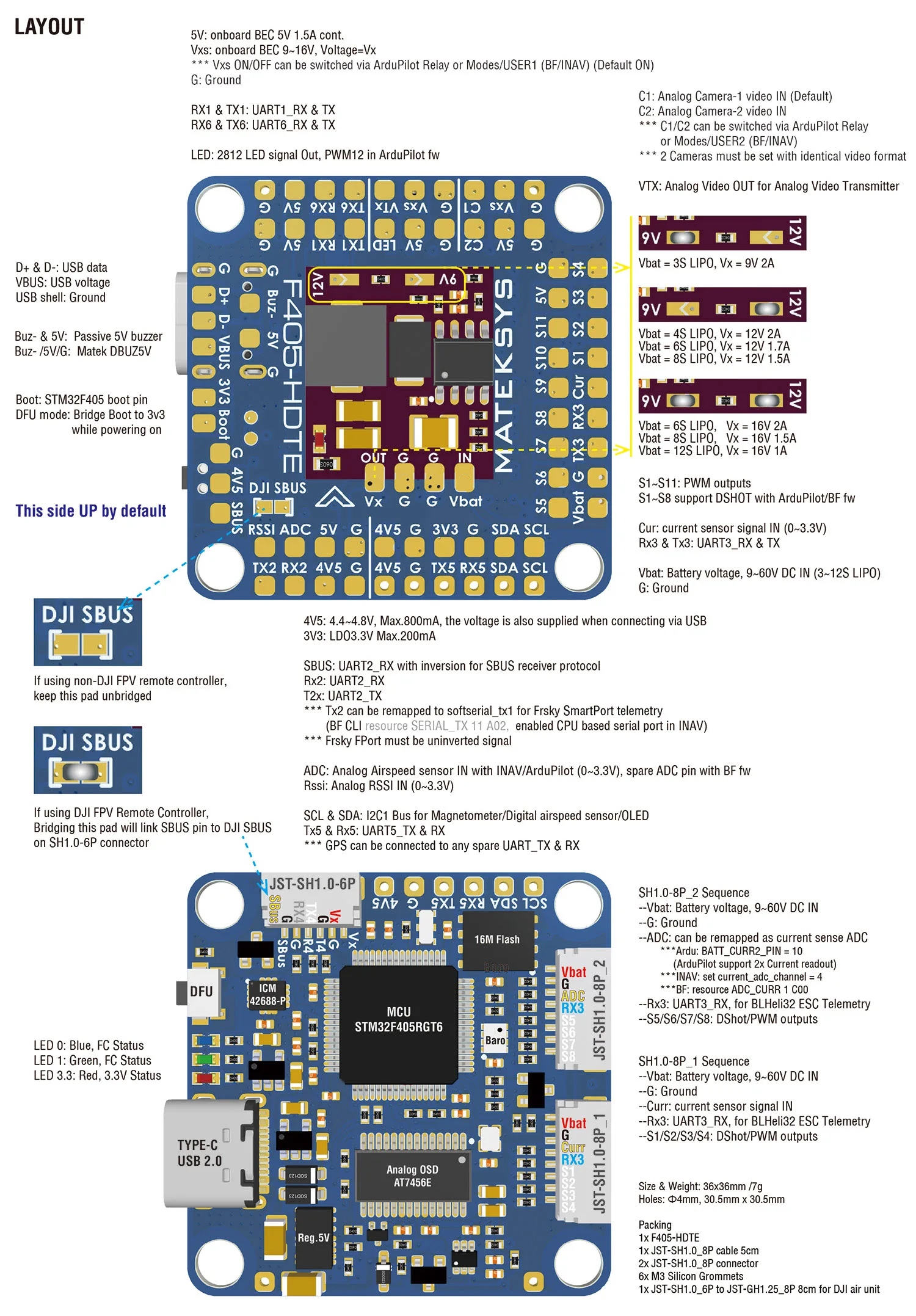 MATEK F405-HDTE F4 وحدة تحكم في الطيران STM32F405 المدمج في المزدوج BEC OSD Blackbox 3 ~ 12S LiPo 30X30mm لـ FPV Drone بدلاً من F722-HD