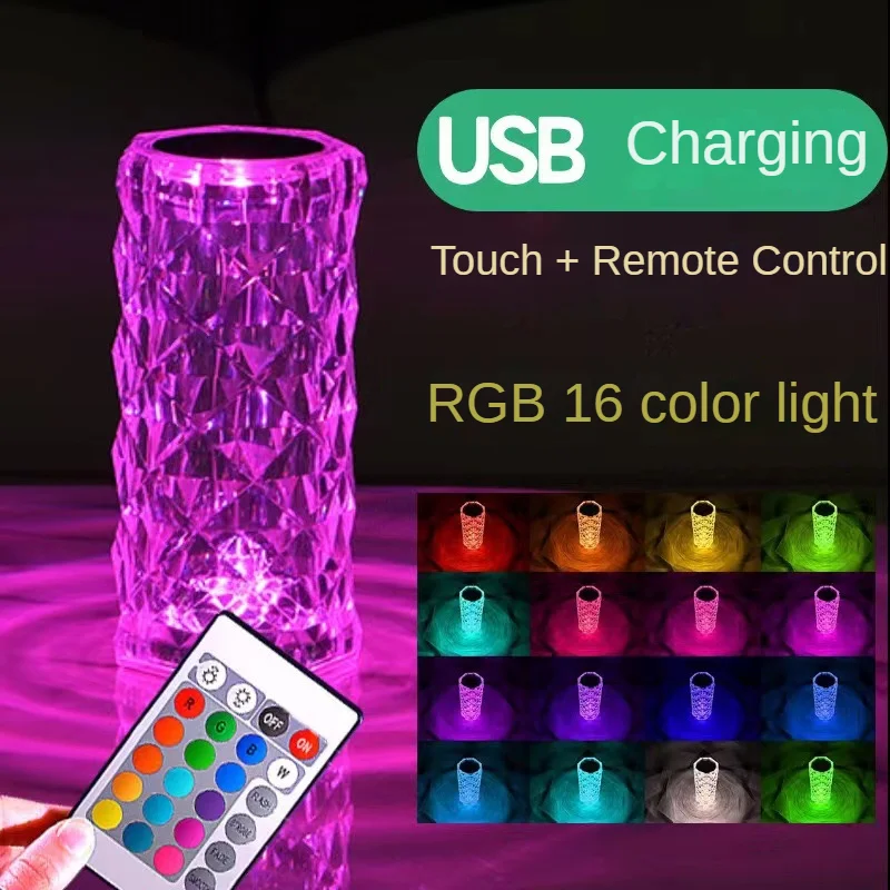 

16 Colors Touch Night Light LED Crystal Table Lamp Rose Light Projector Romantic Diamond Atmosphere Light USB Home Decoration