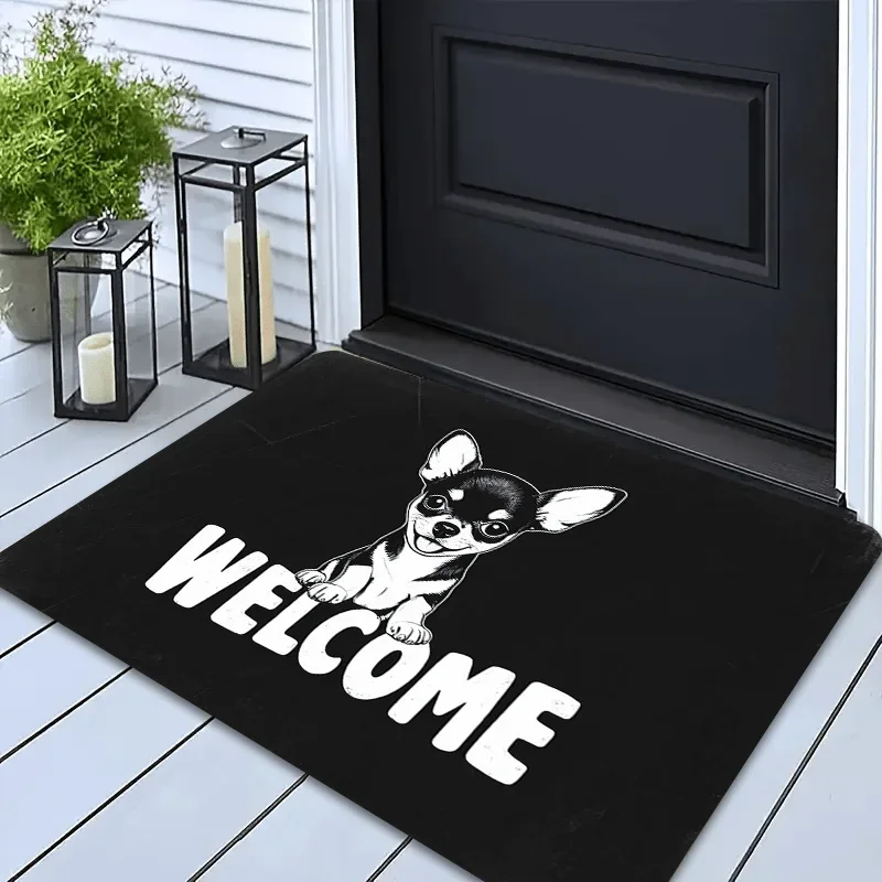 Cute Chihuahua Welcome Mat Non Slip Polyester Door Mat Adorable Dog Design For Bedroom Living Room Entryway Bathroom Mat