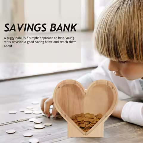 Wooden Heart Piggy Bank Clear Savings Box for Kids Adults Money Jar Decor Creative Clear Piggy Banks For Kids Gift Idea