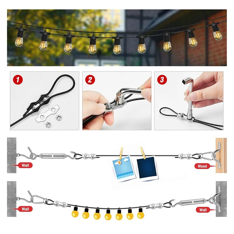 M11K-String Light Hanging Kit,Outdoor Light Wire,Ball Light String Hanging Kit,200FT Coated Stainless Steel 304 Cord Cable