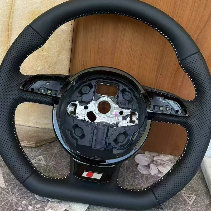 مناسبة لأودي A3 A4 A5 A6 A7 Q3 Q5 Q7 عجلة قيادة شبه مثقبة من الجلد بالكامل عجلة قيادة متحركة مسطحة القاع #2