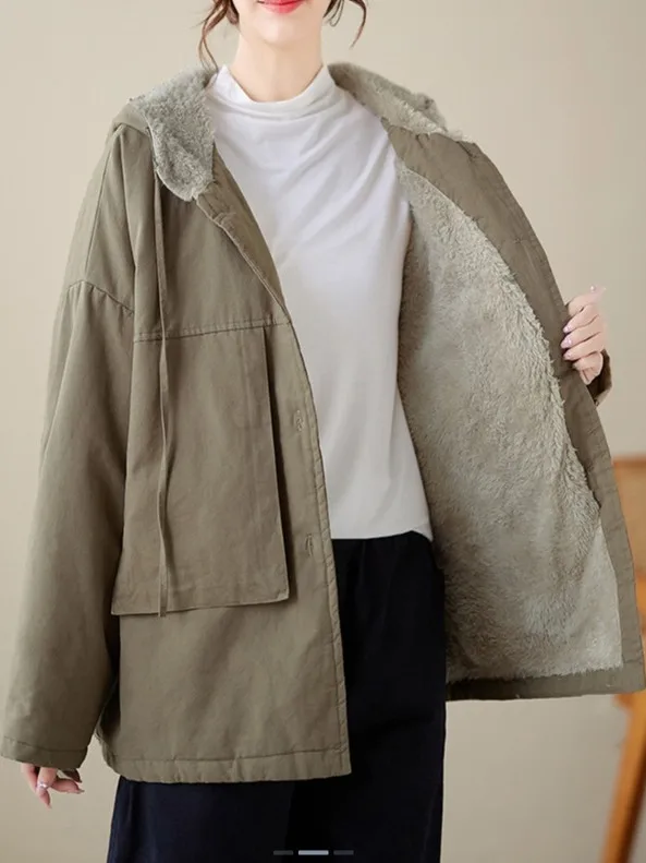 

Women's Winter Thiened Fce Lined Oversized Cotton Jaet Mid-Length Hooded Casual Outerwear Comfortable Polyester Cotton...