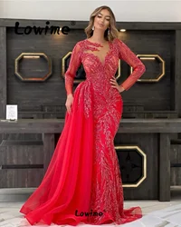 Red Beads Lace Applique Arabic Evening Dress Custom Made Long Sleeves Formal Aso Ebi Party Gowns Side Train Prom Robe De Soiree