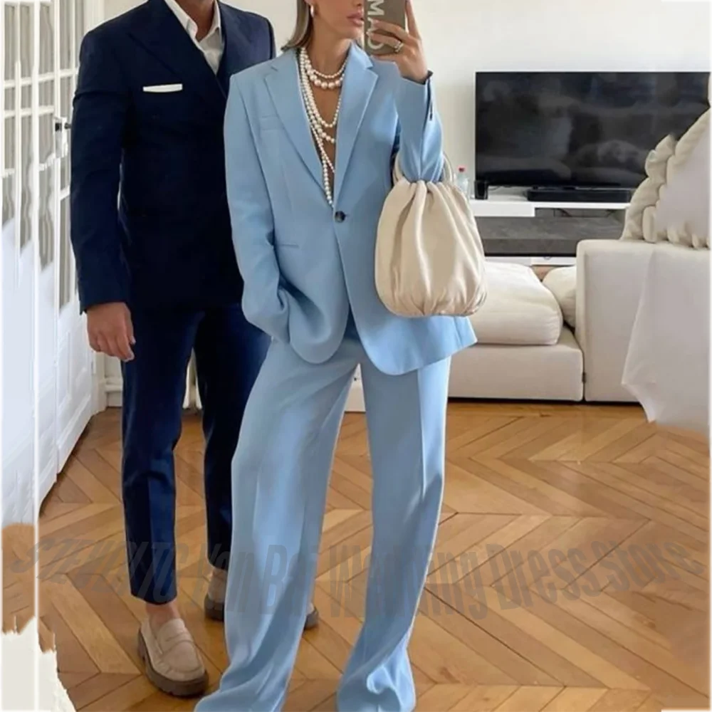Minimalist Blue Suits For Women Straight Daily Set Notched Lapel Single Button Casual Fashion Female Clothing Two Pieces