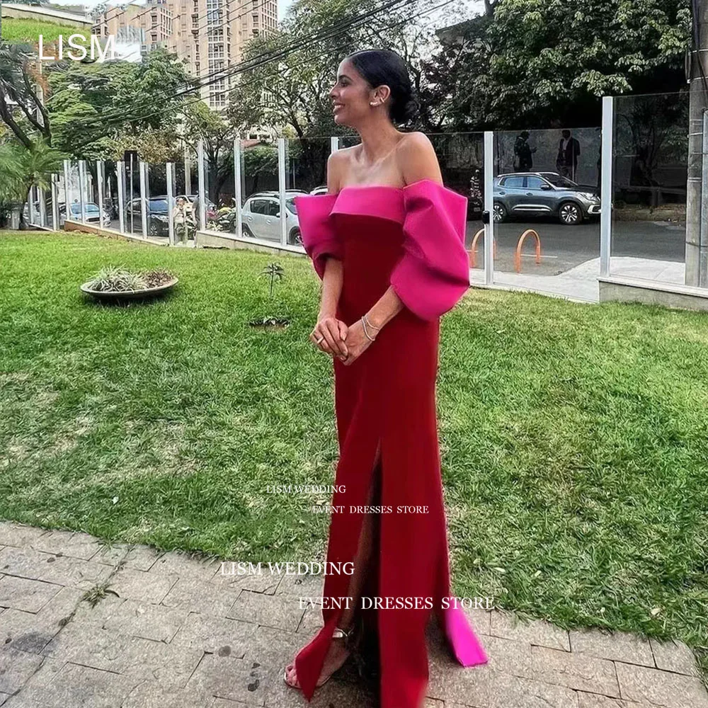 

LISM Elegant Red Mermaid Evening Dresses Off Shoulder Big Bow Puff Sleeve Prom Occasion Gown Backless Side Split Party Dress