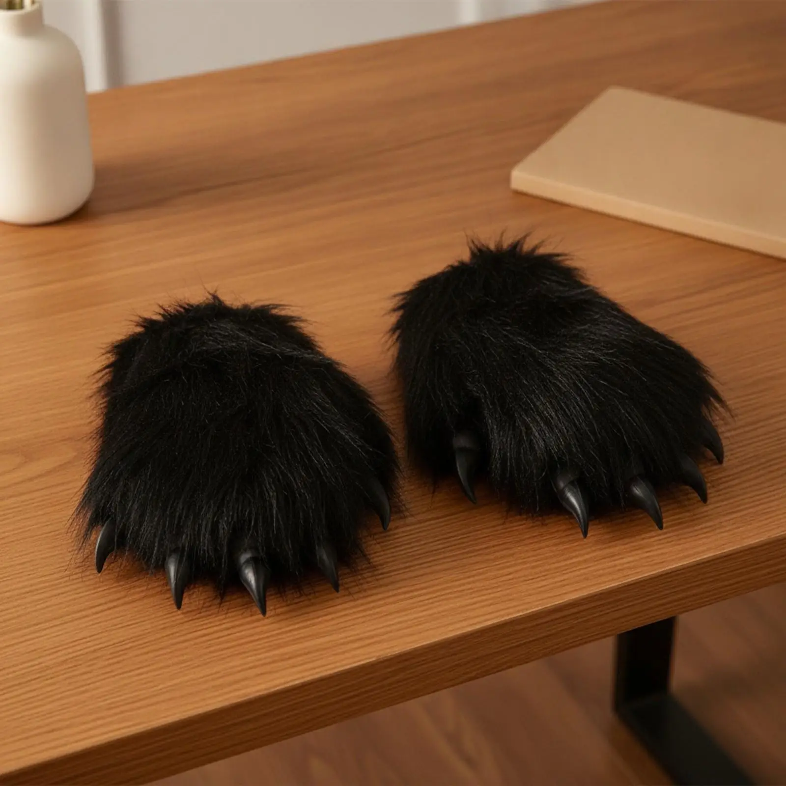 Faux Fur Claw Paw Gloves for Costume Beast Hand Covers with Black Tips for Themed Party and Creative Photography