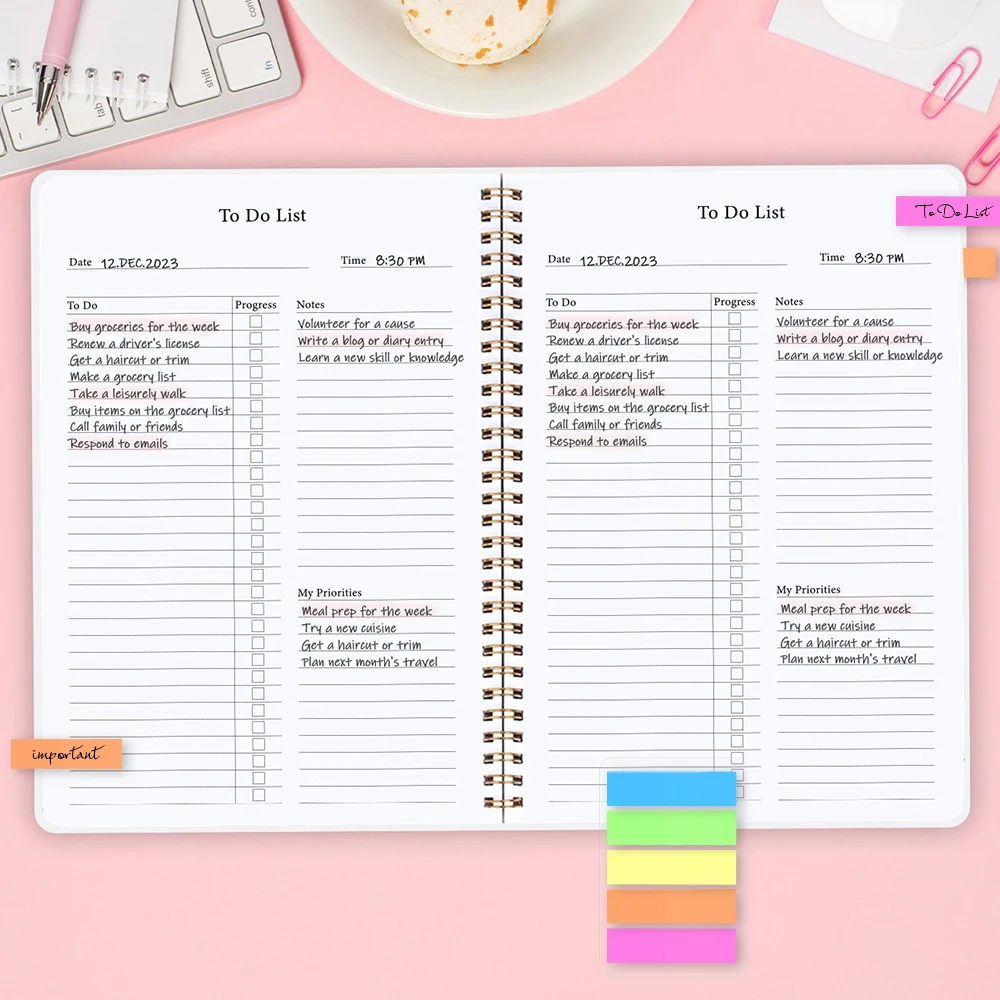 Cuaderno planificador diario, rastreador de lista de tareas encuadernado en espiral, sin fecha, con pegatinas de índice de Color, 1 ud.