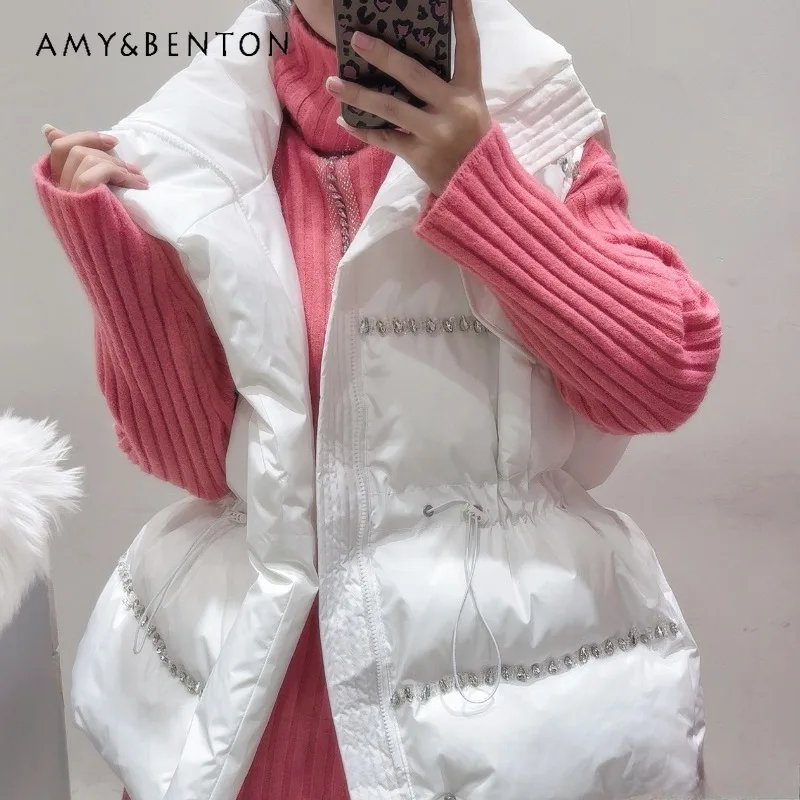 

2024 Winter New Pink Color Down Cotton Vest Rhinestones Waist Thin Medium And Long Candy-colored Waistcoat Jacket Outwear Female