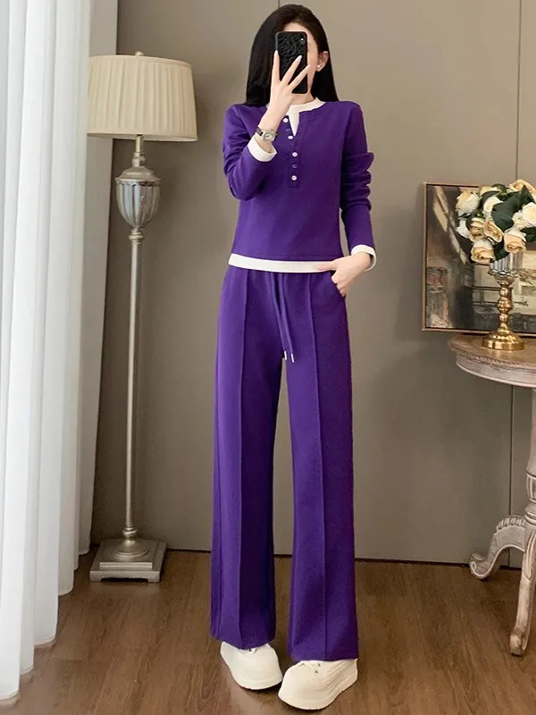 Sporty Casual Women's Outfit Long Sleeve Wide Leg Pants Two Piece Set Purple Age Reducing Trendy High Waist Polyester Cotton