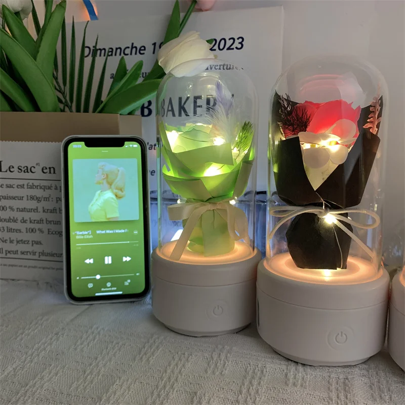 Rose LED Light  In Glass Cover With Bluetooth Speaker Flower Forever Love Gifts For Women Mother's Day Valentines Day Home Decor