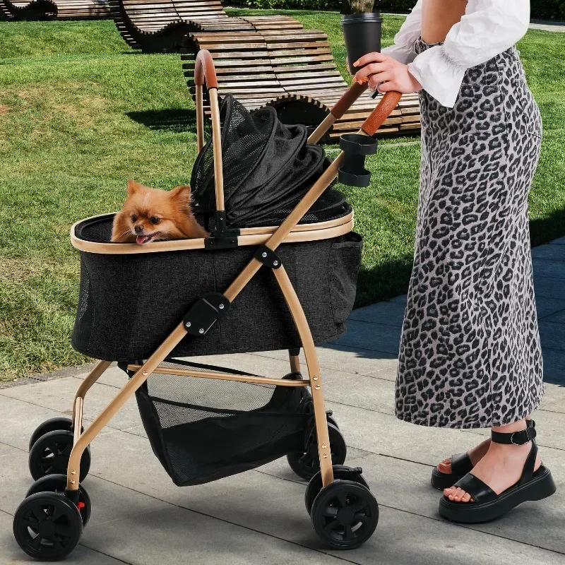 

Dog Stroller, Cat Stroller – Zipperless Entry, Easy Fold with Removable Liner, Storage Basket + Cup Holder, Black